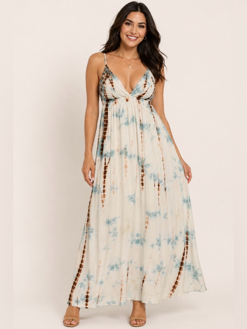 LOVESTITCH Tie-Dye Maxi Dress with Spaghetti Straps - Ivory Blue
